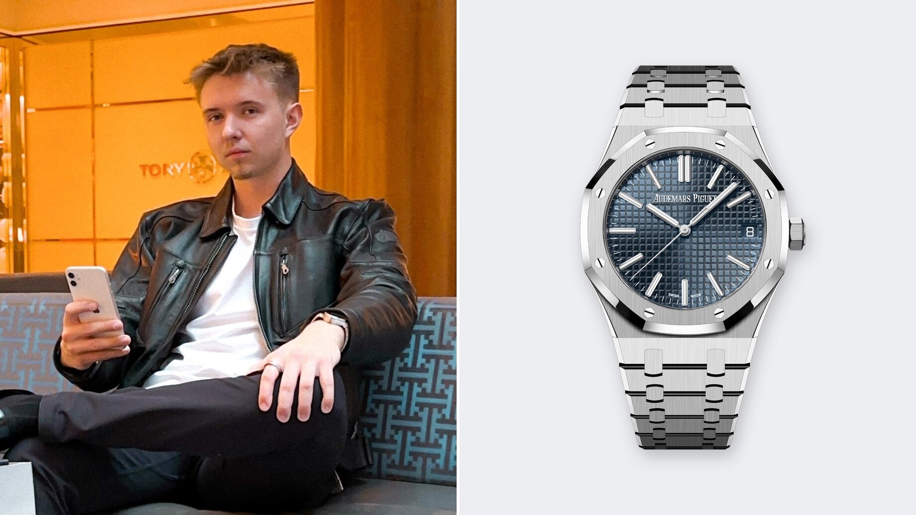 Eric Otten wearing an Audemars Piguet Royal Oak 41 beside a close view of the blue-dial watch