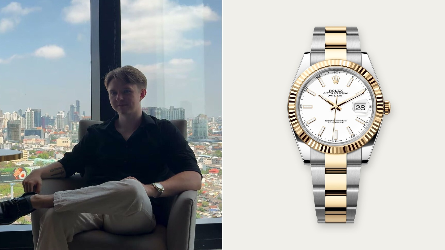 Eric Otten wearing a two-tone Rolex Datejust 41 beside a close view of the white-dial watch