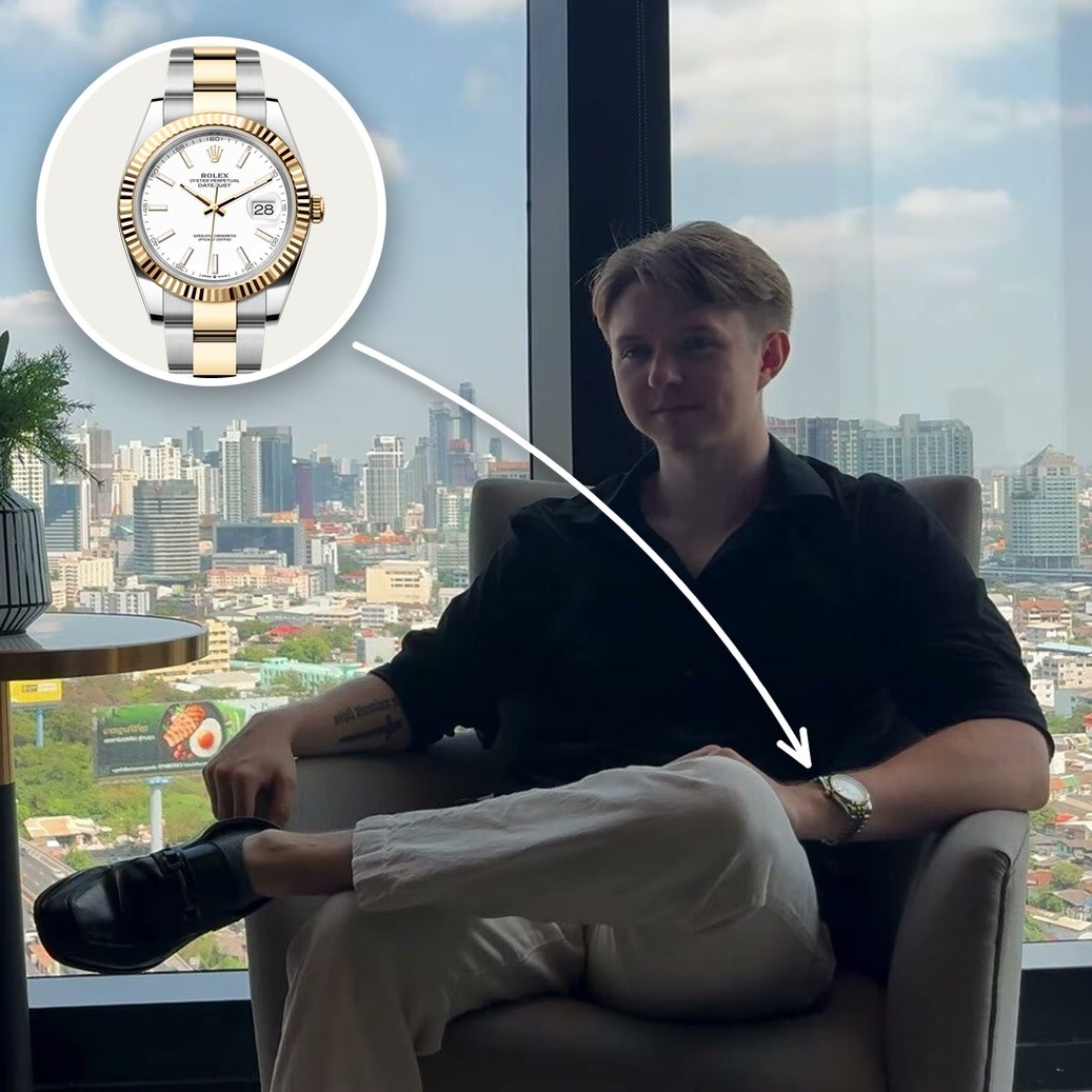 Eric Otten wearing his Rolex Datejust 41 with a close-up inset of the watch