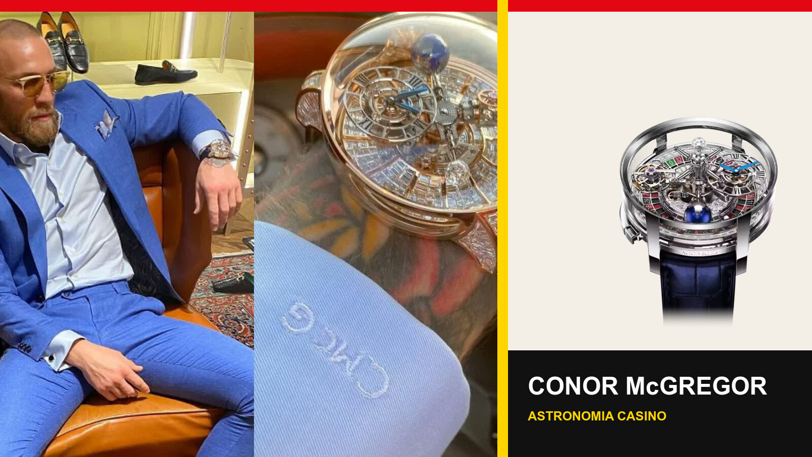 Conor McGregor wearing a diamond watch beside a Jacob and Company Astronomia Casino