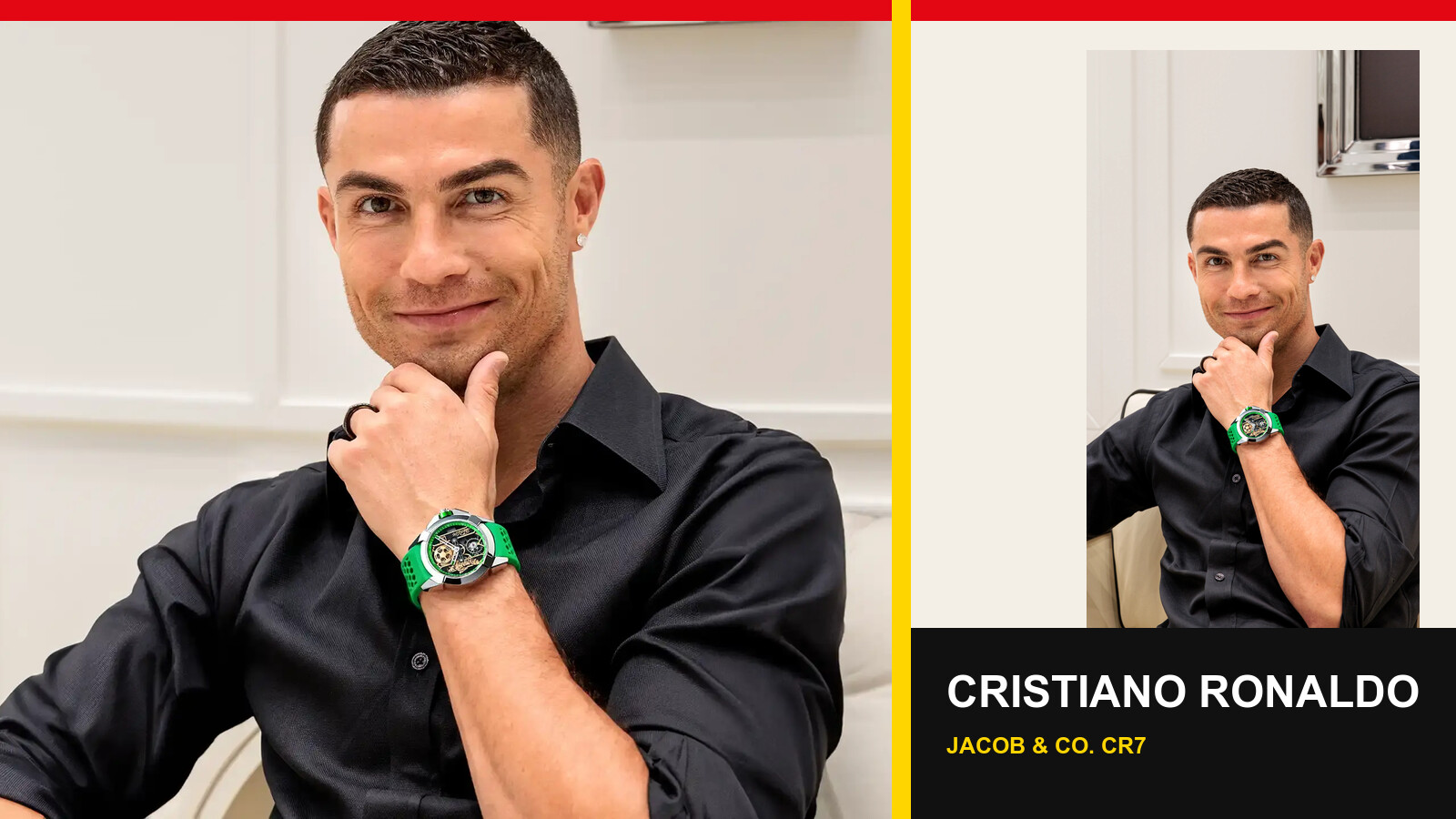 Cristiano Ronaldo wearing a green watch beside a Jacob and Company CR7 watch image