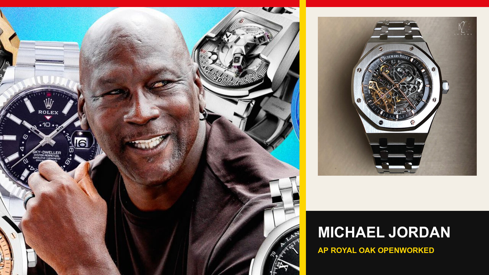 Michael Jordan surrounded by watches beside an Audemars Piguet Royal Oak Openworked