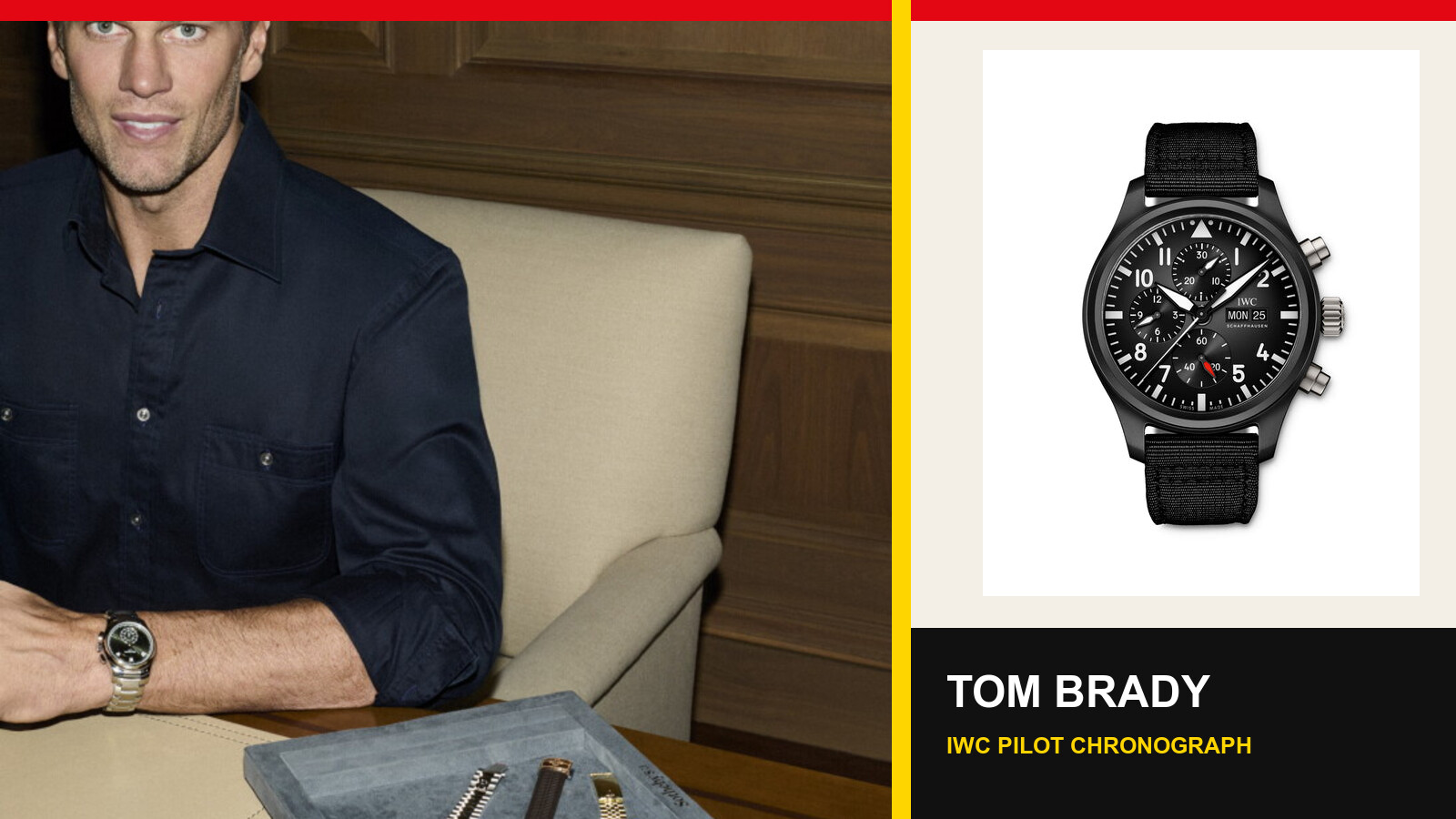 Tom Brady wearing a watch beside an IWC Pilot’s Watch Chronograph Top Gun